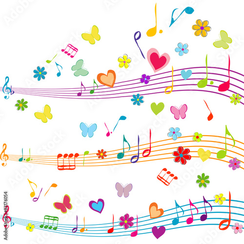 Colorful music design with stave, butterflies, hearts and flower