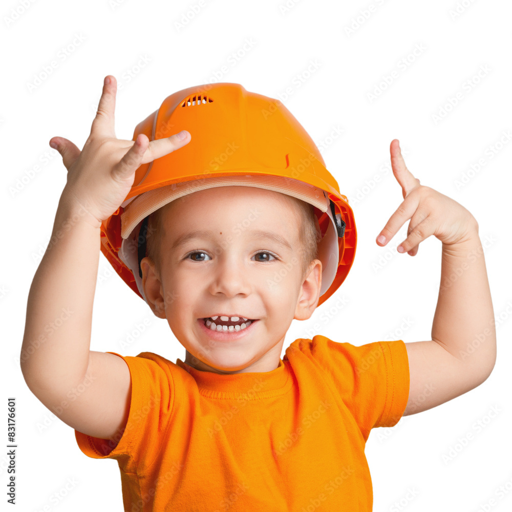 Child in the construction helmet on a white background. Child in the construction helmet on a white background.