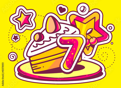 Vector illustration of piece of cake on a plate with star and re