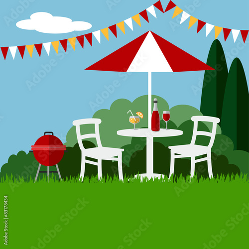 Summer garden party barbecue background, flat design, vector