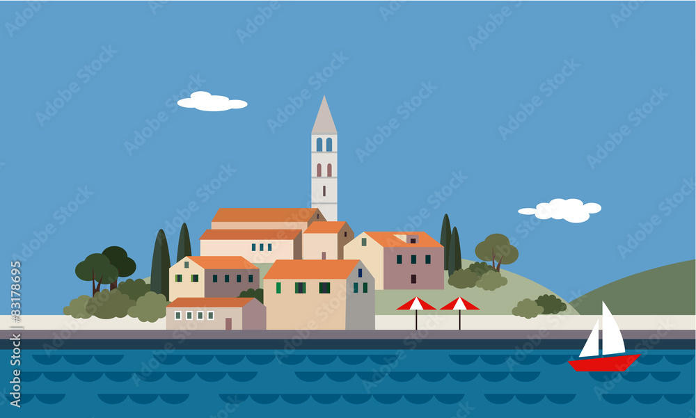 Mediterranean landscape by sea, little town, resort, vector