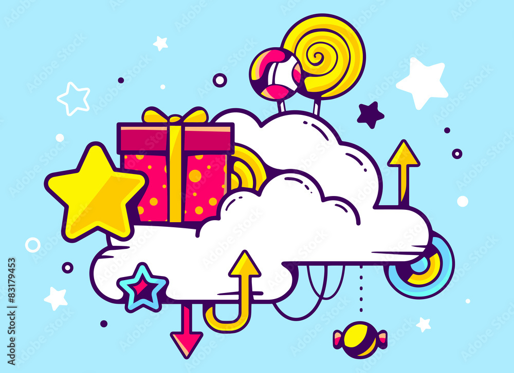 Vector illustration of gift box and confection with cloud on blu