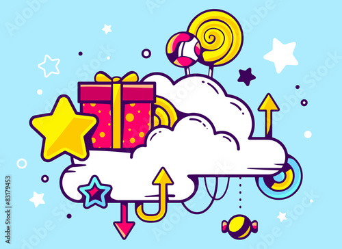 Vector illustration of gift box and confection with cloud on blu © wowomnom