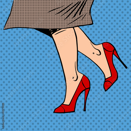 Female legs in red shoes woman coat goes pop art comics retro st