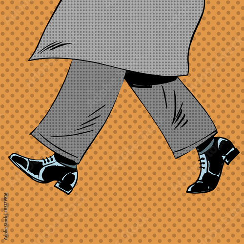 Male feet are shoes wind coat pop art comics retro style Halfton