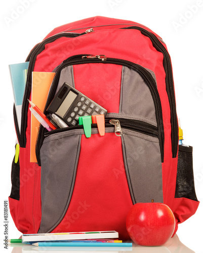 Red school backpack with apple