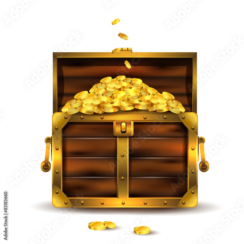 Vintage wooden chest opened with golden coins.