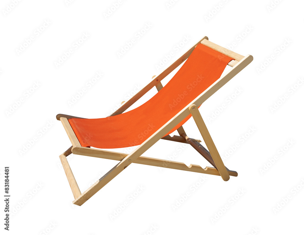 Orange lounge chair in wood and fabrics isolated.