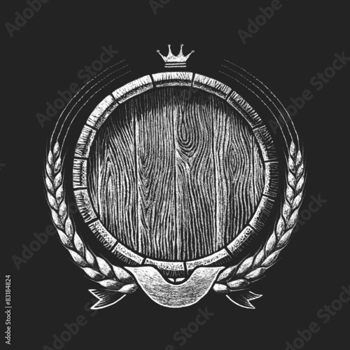 Oak barrel with wheat wreath drawn on the chalkboard