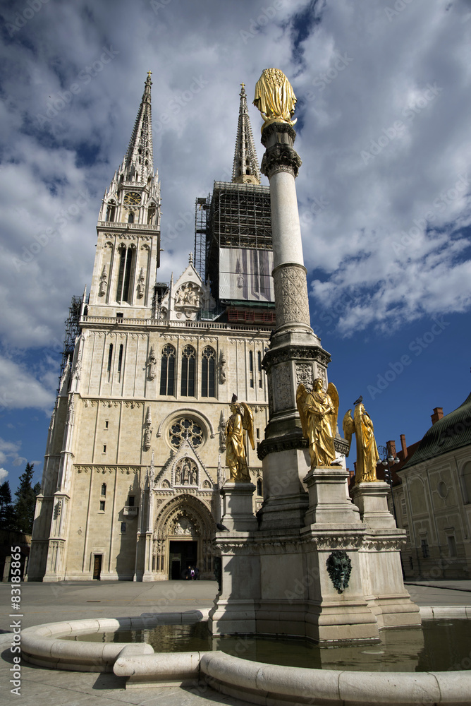 fountain, statue and cathedral in zagreb fountain, statue and cathedral in zagreb