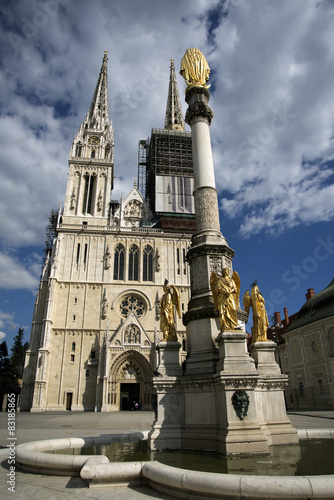 fountain, statue and cathedral in zagreb