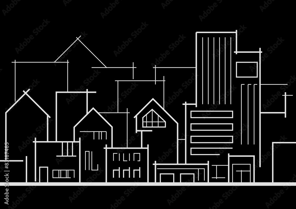 linear panoramic sketch city on black background linear panoramic sketch city on black background