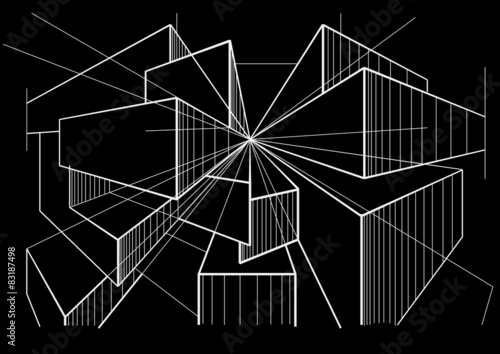 abstract architectural sketch boxes perspective black background