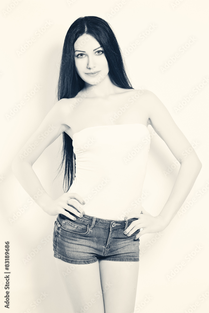 Beautiful Young Woman with Long Black Hair. Black and White Port Beautiful Young Woman with Long Black Hair. Black and White Port