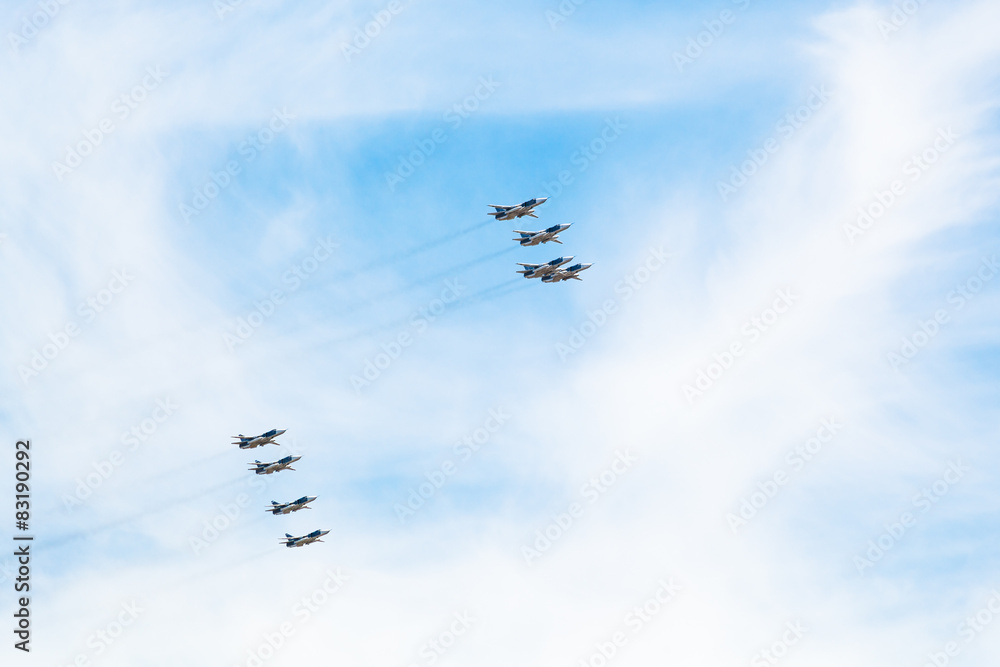 flight military pursuit aircrafts in white clouds flight military pursuit aircrafts in white clouds