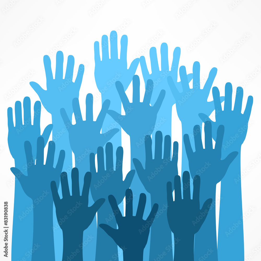 Raised hands on white, vector illustration