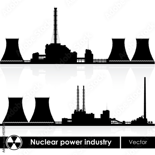 Nuclear power plants silhouettes isolated on white.