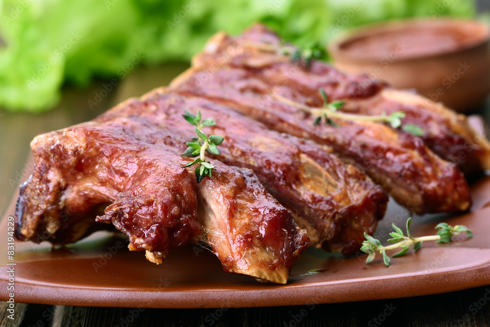 Grilled pork ribs on plate