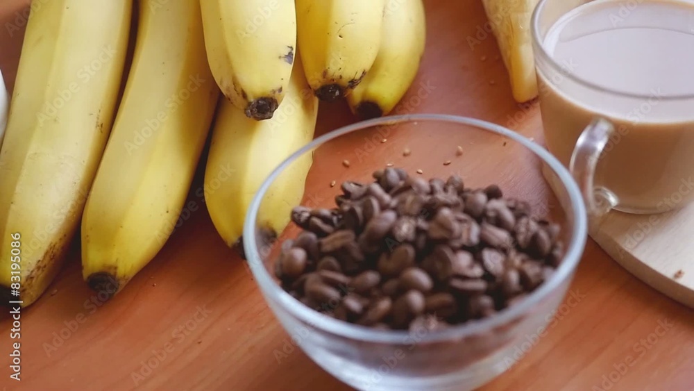 Slowmotion. Healthy breakfast on the table close up with cup of Slowmotion. Healthy breakfast on the table close up with cup of