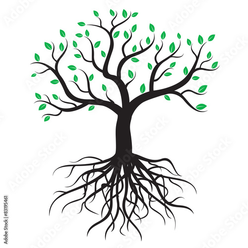 Black tree with roots and green leafs - vector image.