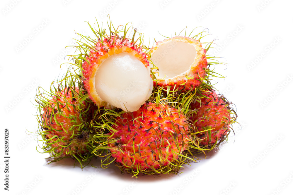 Rambutan fruit with red shell on white background Rambutan fruit with red shell on white background