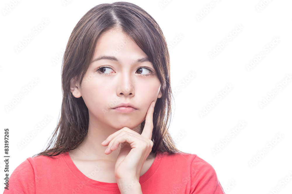 Chinese woman with hand on face, thinking Chinese woman with hand on face, thinking