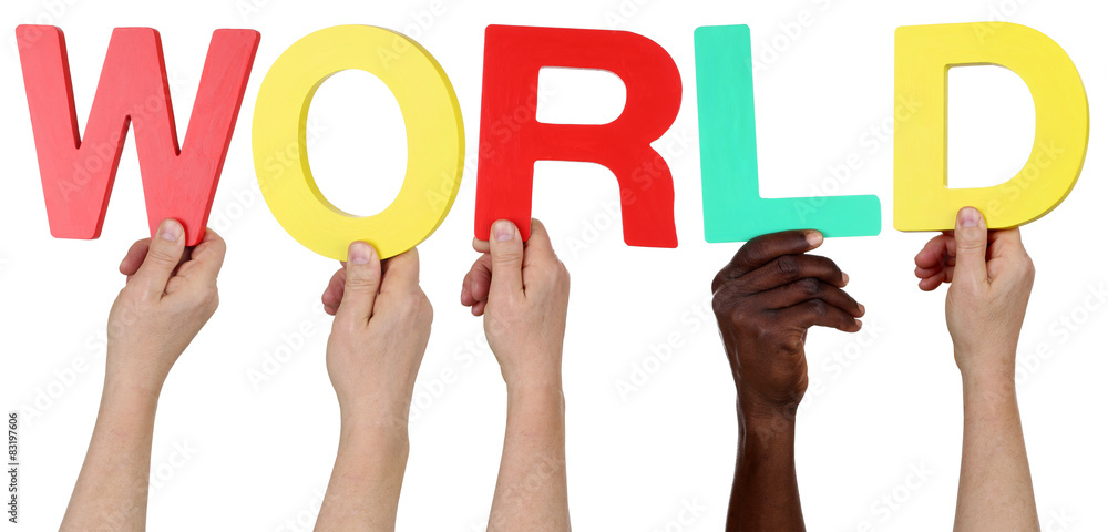 Multi ethnic group of people holding the word world Multi ethnic group of people holding the word world