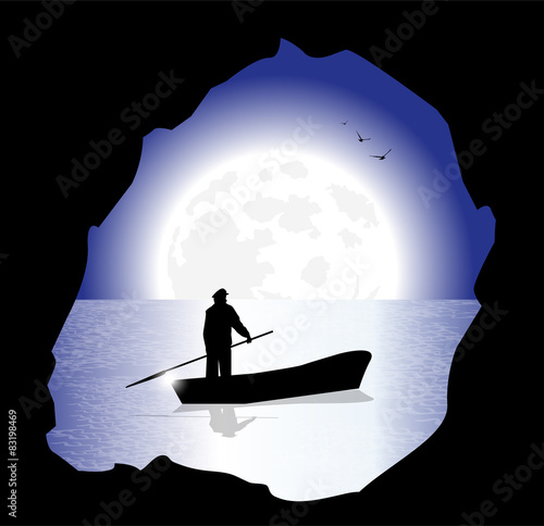 silhouette di pescatore sotto al chiaro di luna