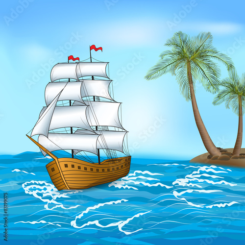 vintage sailing ship in the sea against the backdrop of palm tre