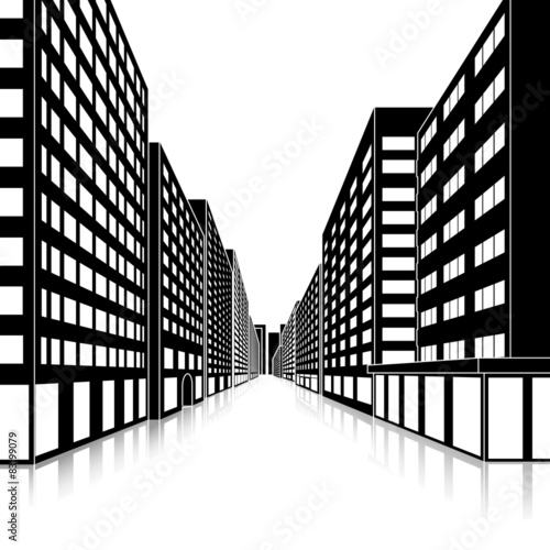 street of the city with large buildings and reflection