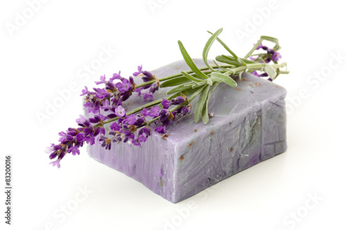 Fototapeta Naklejka Na Ścianę i Meble -  Natural lavender soap with lavender flowers on it