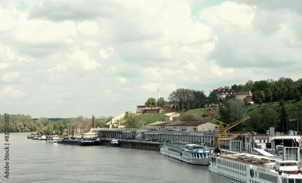 Belgrade harbor with view on Kalemegdan fortress