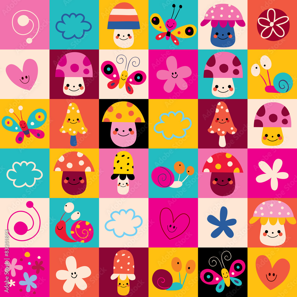 mushrooms, flowers, butterflies, hearts, snails nature pattern mushrooms, flowers, butterflies, hearts, snails nature pattern