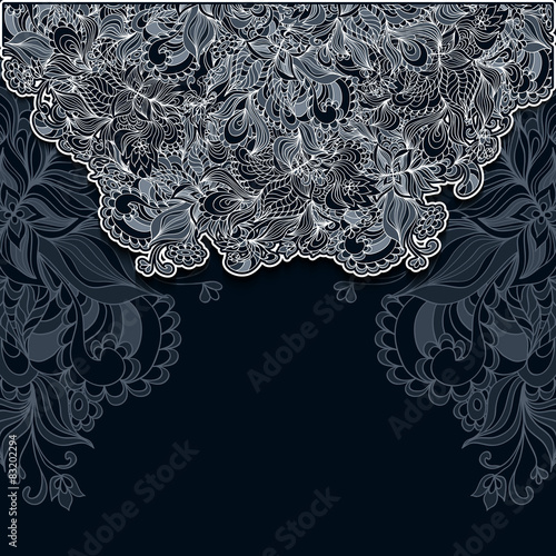 Template with doodle flowers  lace in dark blue