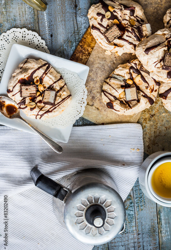french vanilla meringue with chocolate and caramel, sweet cake, © harmoony