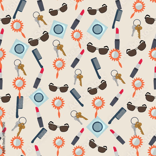 Seamless colorful background made of content of woman purse in f