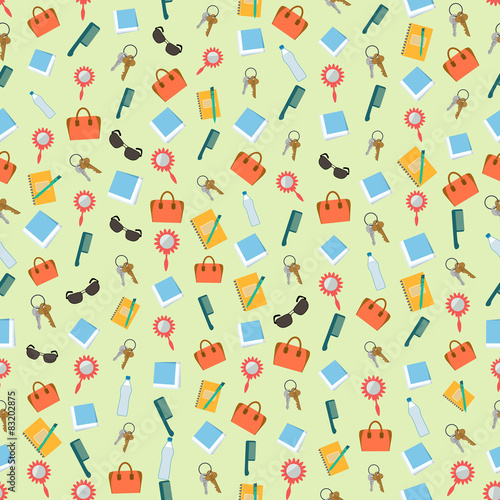 Seamless colorful background made of content of woman purse in f