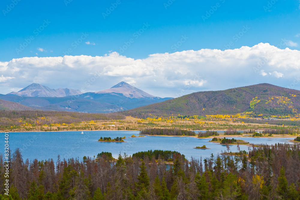 Serene view of lake  and mountains landscape.