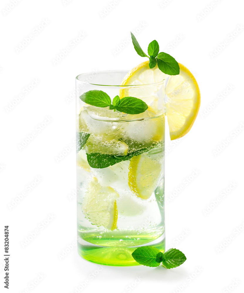 Cocktail with lemon and mint, isolate on a white background. Cocktail with lemon and mint, isolate on a white background.