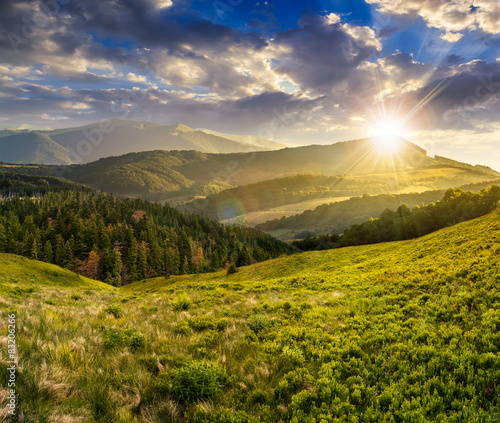 landscape with valley and forest in high mountains at sunset photo