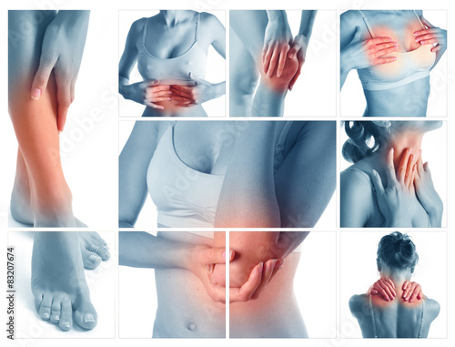 Collage representing woman having pain