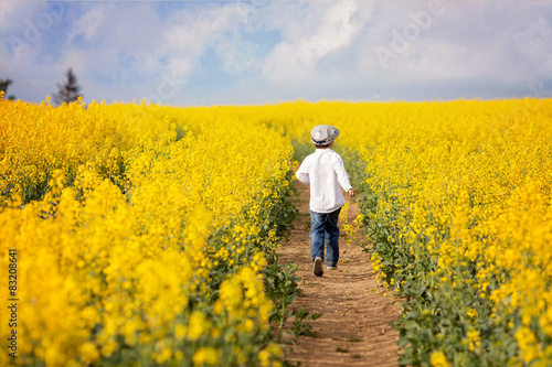 Adorable little boy, running in yellow oilseed rape field