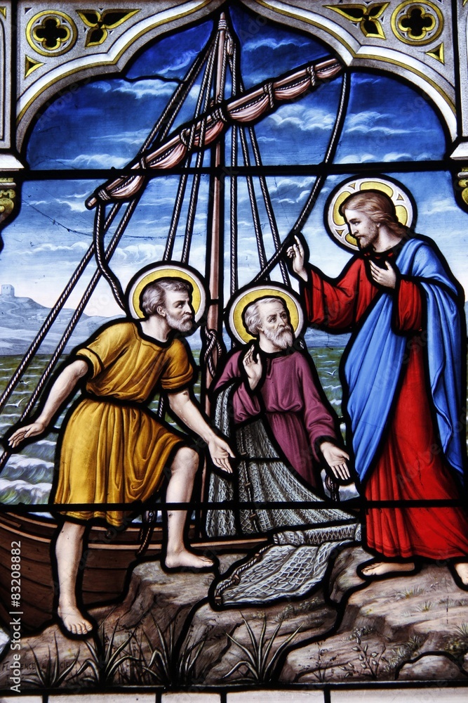 Naklejka premium Pêcheurs, vitrail de l'église Saint-Seine à Corbigny, Bourgogne