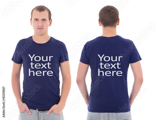 front and back view of young man in blue t-shirt with "your text