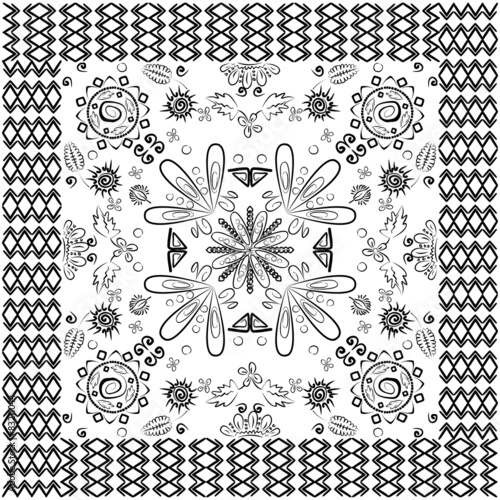 Black white floral frame with flowers and leaves