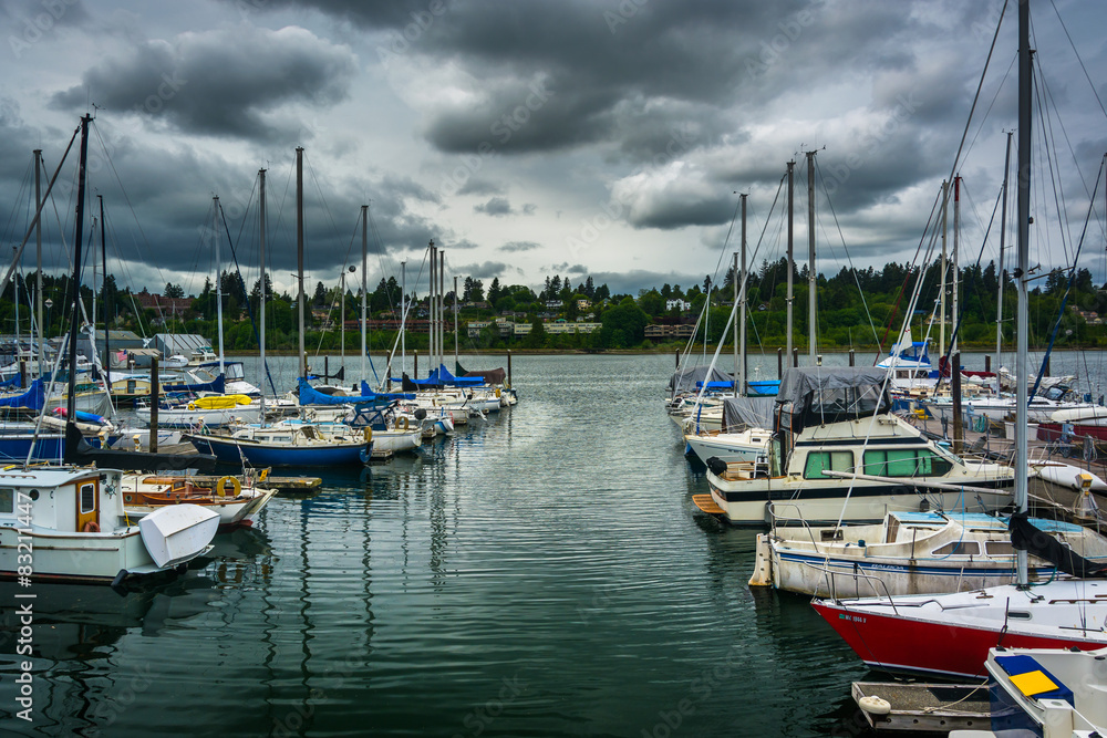 Boats in a marina on the waterfront in Olympia, Washington.
