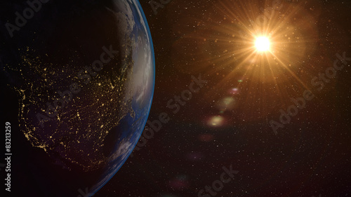 Fototapeta Naklejka Na Ścianę i Meble -  Cinematic and very realistic sunrise seen from space