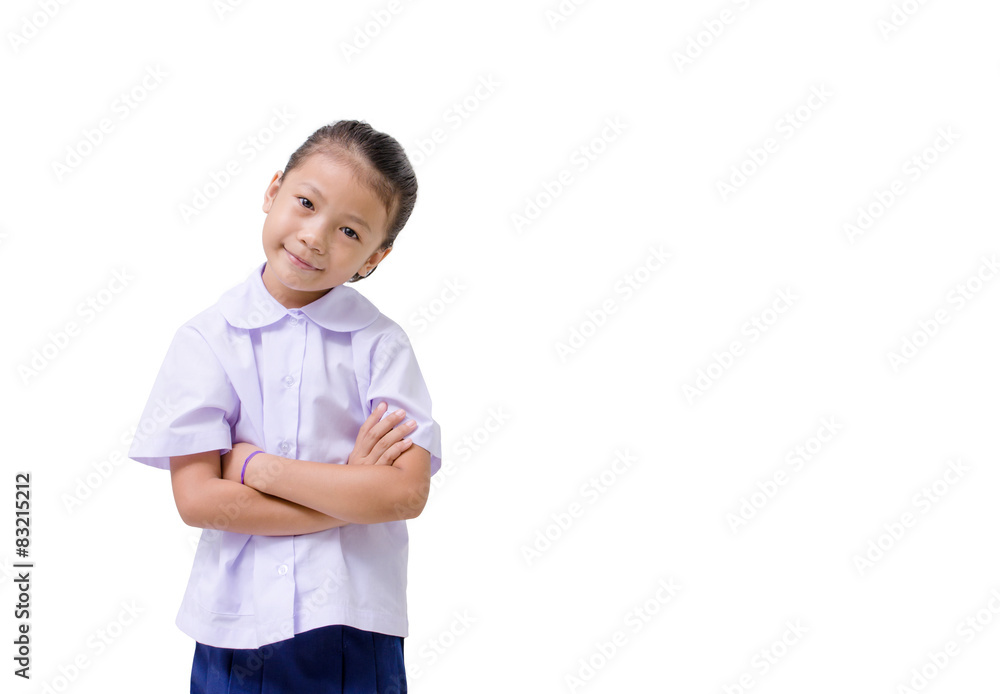Asian kids cute girl in student's uniform on white background Asian kids cute girl in student's uniform on white background
