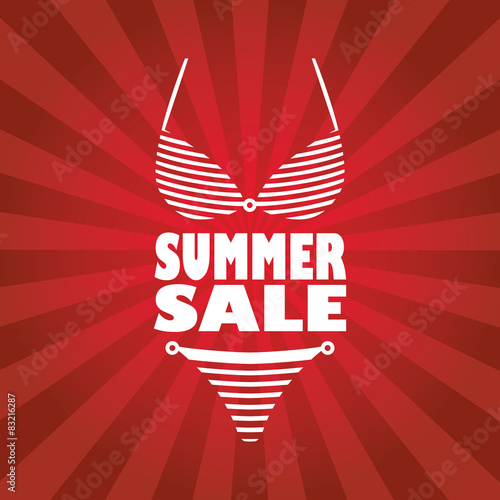 Summer sale poster with sexy woman bikini and text. Red rays