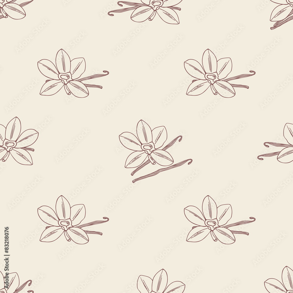 Obraz premium Seamless pattern with sketched vanilla flower and beans